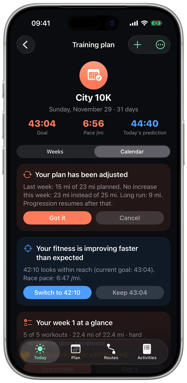 Training plan: "Your plan has been adjusted" and your week at a glance