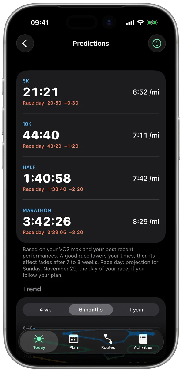 Predictions screen: 5K, 10K, half marathon and marathon, today and on race day