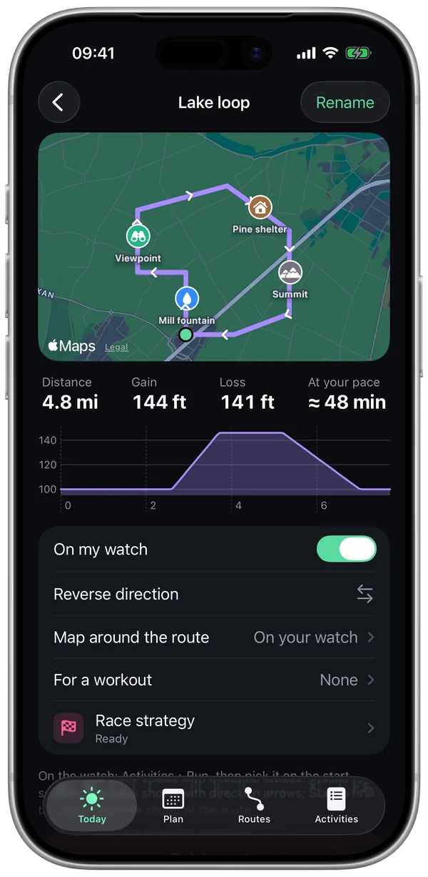 A route: map, profile, on your watch