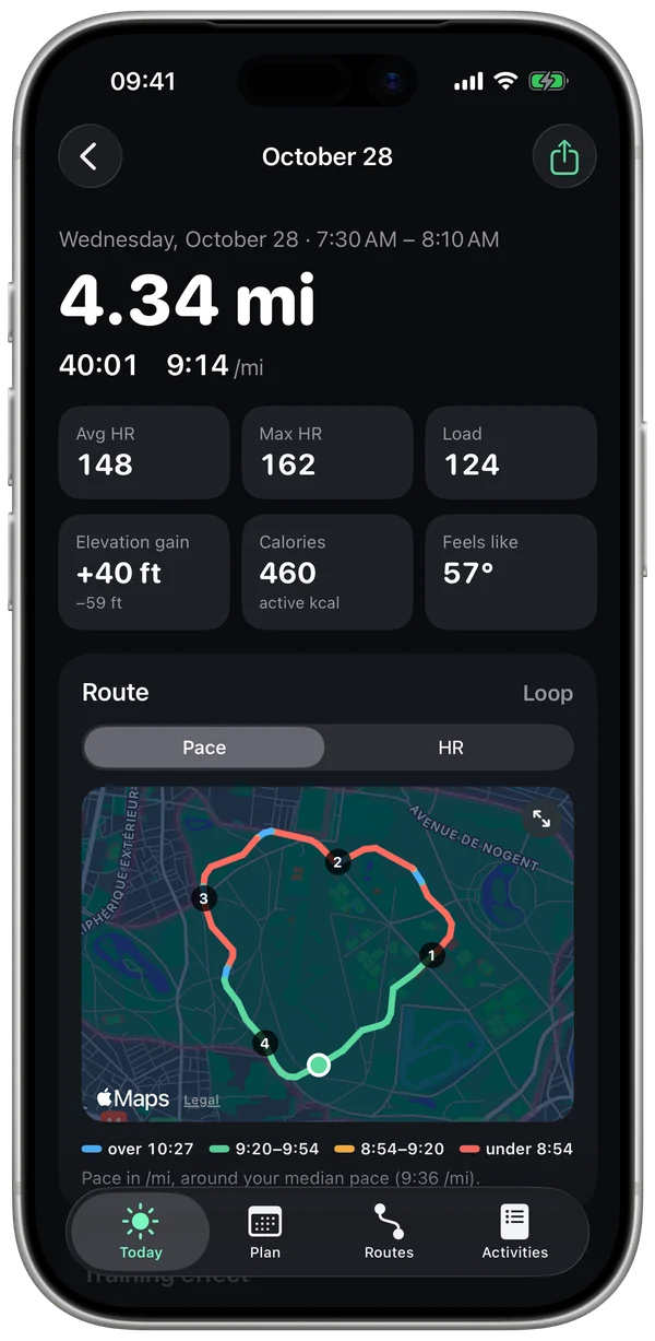 Long run details: numbers and map colored by pace