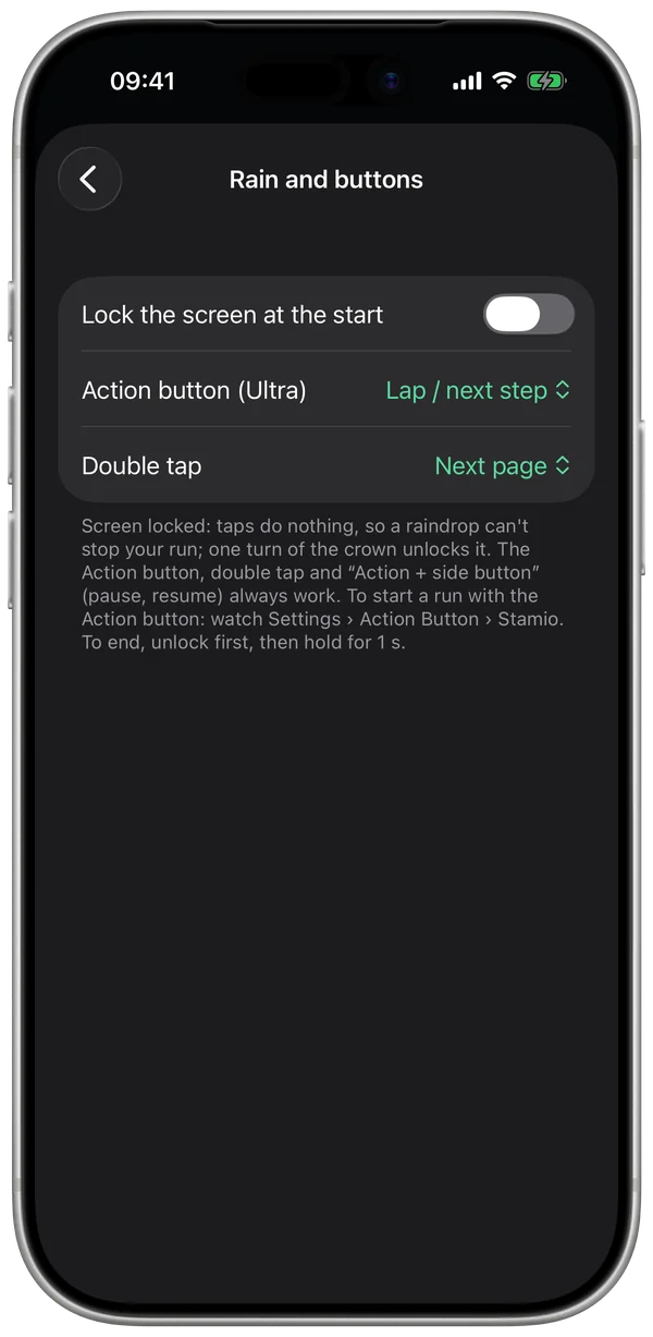 Rain and buttons: lock at start, Action button, double tap