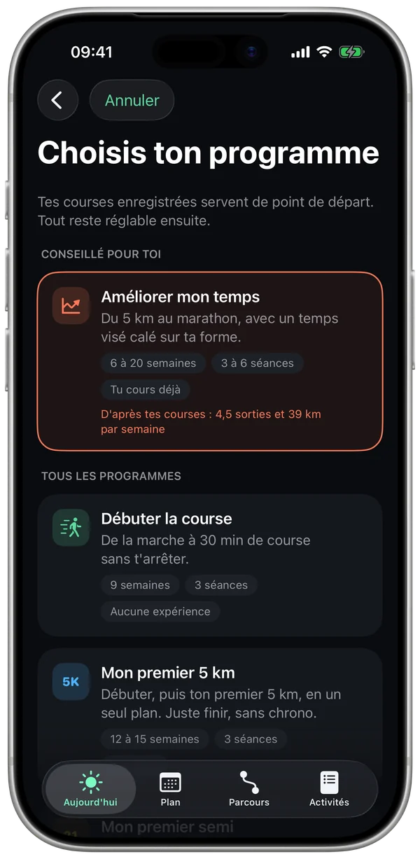 Choisis ton programme : le programme conseillé et tous les programmes
