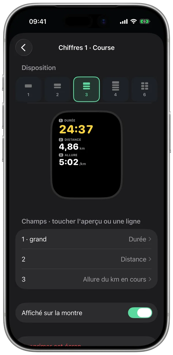 Composer un écran de course sur l'iPhone, avec son aperçu