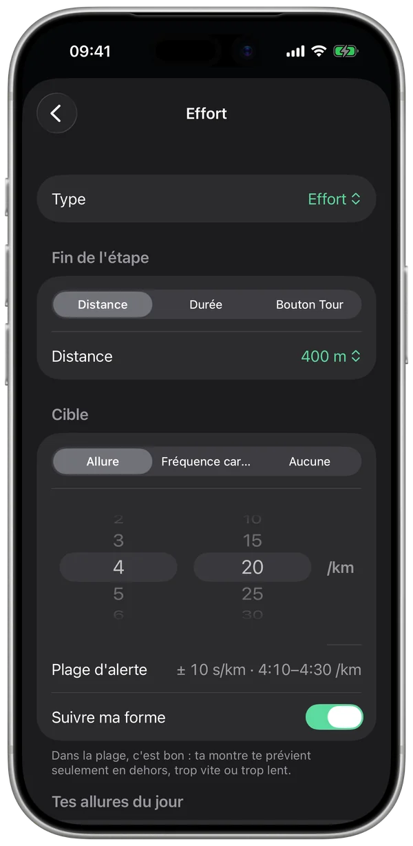 Une étape : fin à 400 m, cible en allure, plage d'alerte ±10 s/km