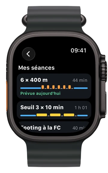 Mes séances sur l'Apple Watch : 6 × 400 m prévue aujourd'hui