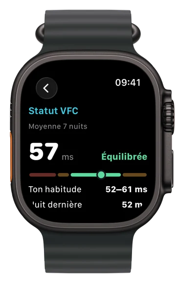 Statut VFC sur l'Apple Watch : 57 ms, Équilibrée