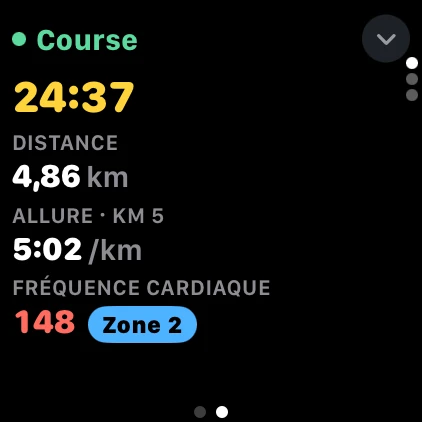 Écran de course avec 4 champs en liste : durée, distance, allure du kilomètre, fréquence cardiaque et zone
