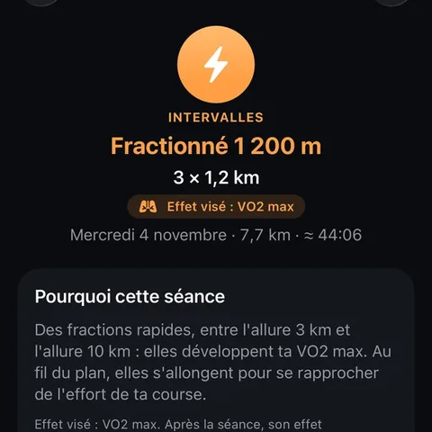 Séance du jour : fractionné 3 × 1,2 km, effet visé VO2 max