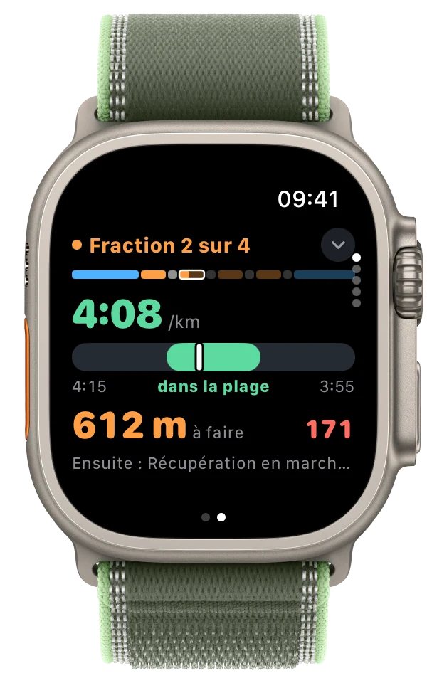 Stamio sur l'Apple Watch pendant un fractionné : fraction 2 sur 4, 4:08 par km, jauge d'allure dans la plage