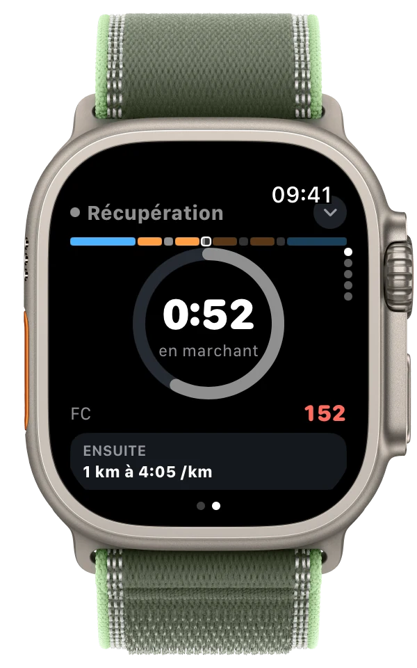 Récupération : 0:52 en marchant, ensuite 1 km à 4:05 par km