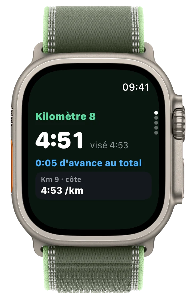 Kilomètre 8 en côte sur l'Apple Watch : 4:50, 7 secondes d'avance