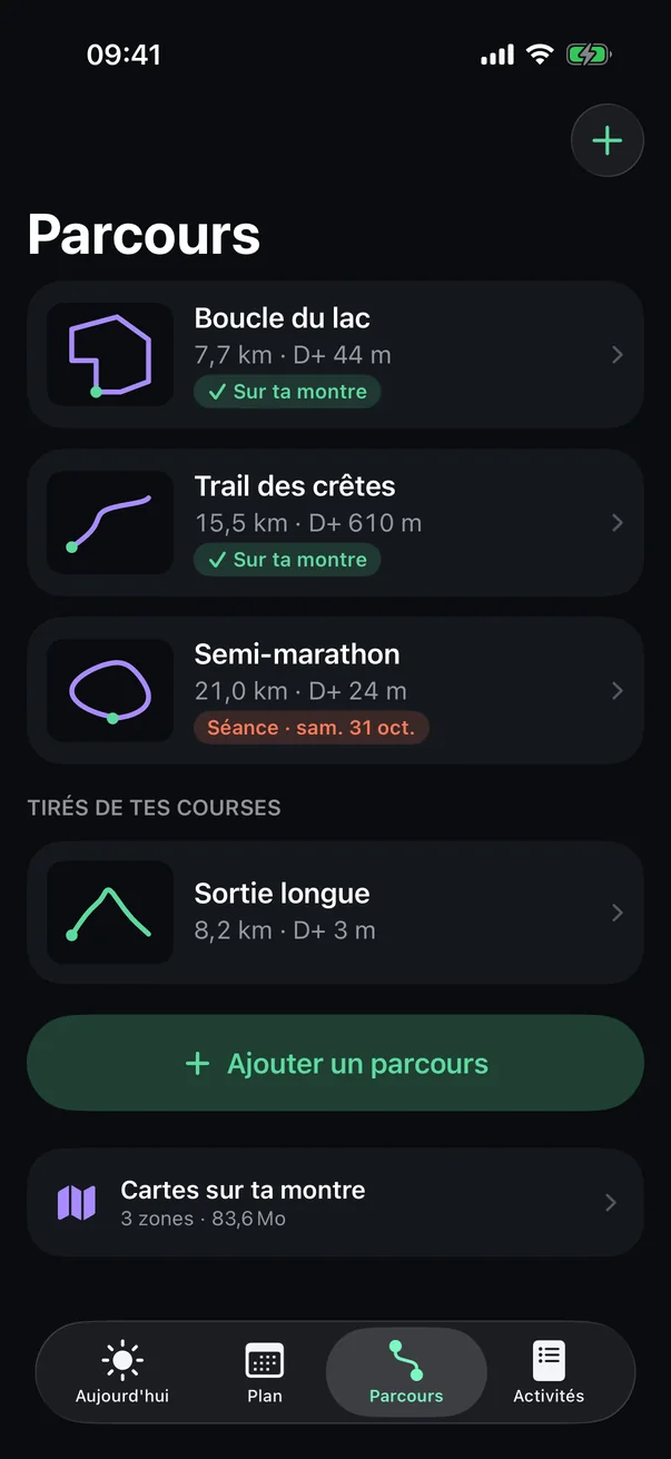 L'onglet Parcours : tes parcours et les cartes sur la montre
